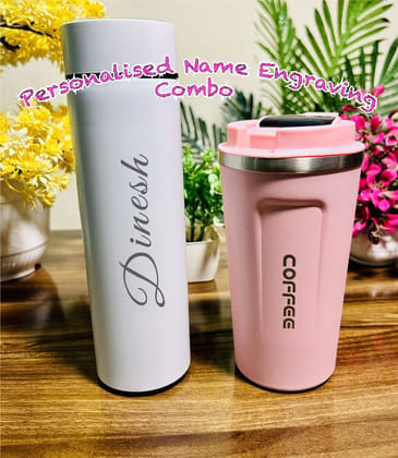Café Coffee Flask In Matte Finish - 510ml & Be Motivated Water Bottle - 500ml (Combo)-Without Personalised Name Engraving / Blue