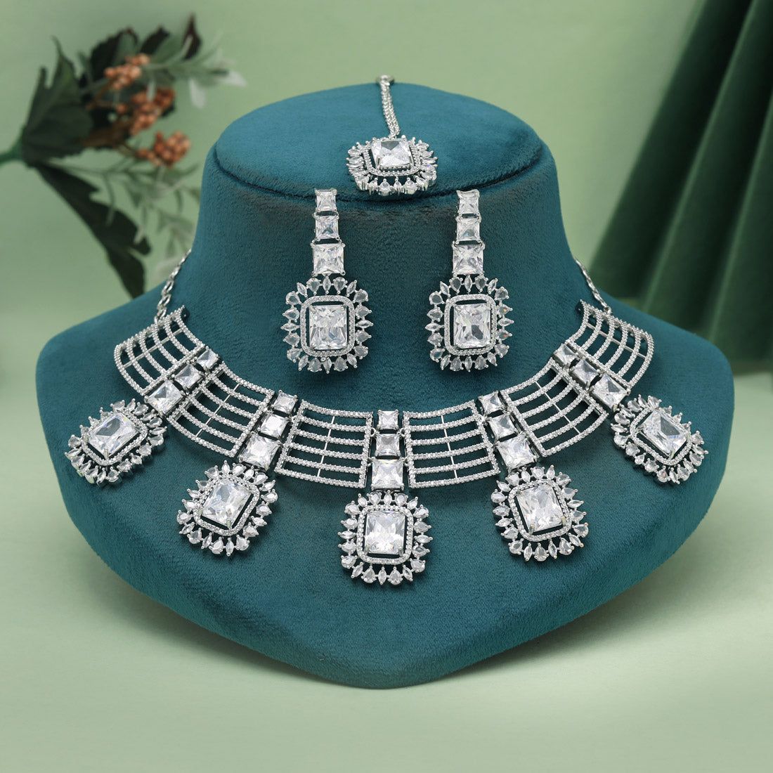 Silver Color American Diamond Necklaces Set (CZN1050SLV)-Adjustable Chain / Silver / Brass With Good Quality Silver Plated
