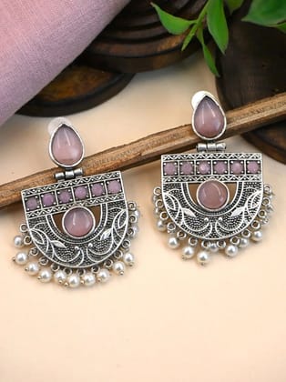 Antique Silver Pearl Dangler Earrings for Parties and Traditions | Sarichka-Pink