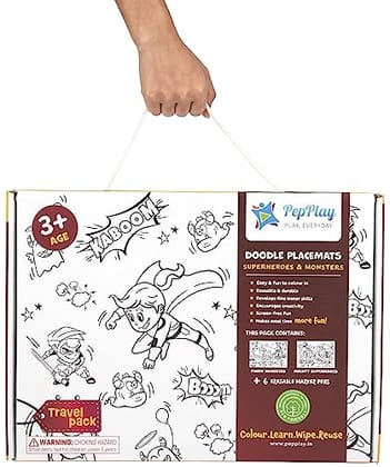         PepPlay Doodle Placemats - Superheroes and Monsters, 2 Coloring mats & 6 Quick Dry Smudge-Free Markers, Travelling Toys, No Mess Art Kit, Color and Wipe, Gifts for 3-7 Years       
