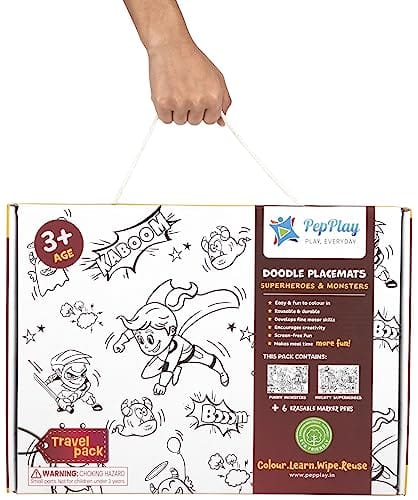         PepPlay Doodle Placemats - Superheroes and Monsters, 2 Coloring mats & 6 Quick Dry Smudge-Free Markers, Travelling Toys, No Mess Art Kit, Color and Wipe, Gifts for 3-7 Years       