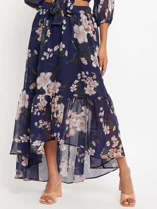 Floral Printed Flared Tie-Up Maxi Skirt