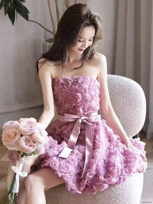 Tube Bandeau Rose Short Dress with Belt-XL / LILAC