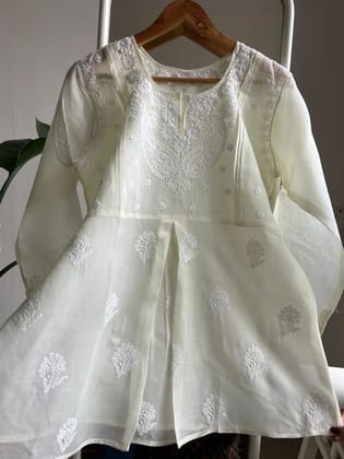 Voile Cotton Chikankari Full sleeves short Top - Lemon Yellow-White / Cotton / 2XS