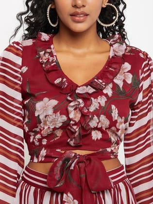 Floral Printed V-Neck Crop Top With Skirts