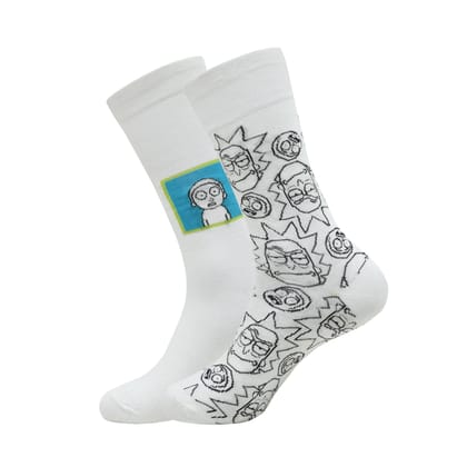 Rick and Morty Cotton Crew socks for Men (Pack of 2) (Free Size) (White)-Stretchable from 25 cm to 33 cm / 2N