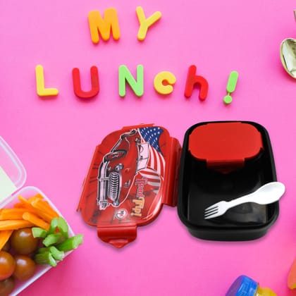5982 Beautiful Car Design Printed Plastic Lunch Box With Inside Small Box & Spoon for Kids, Air Tight Lunch Tiffin Box for Girls Boys, Specially Designed for School Going Boys and Girls