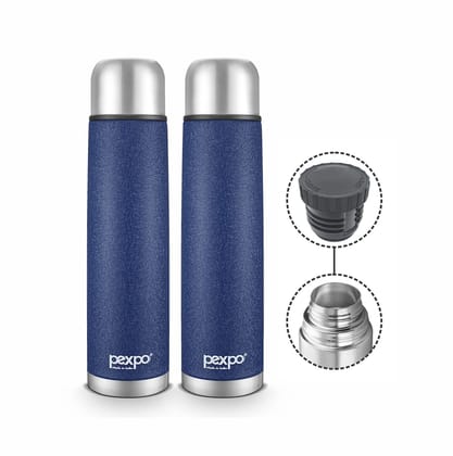 Pexpo Stainless Steel 24 Hours Hot & Cold Water Bottle/Flask with Jute Bag, 750ml, Pack of 2, Blue, Flexo | Durable & Odorless