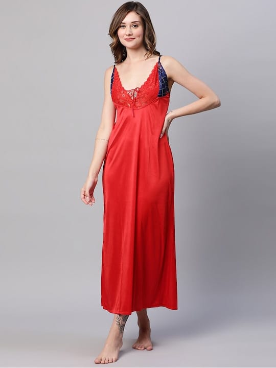 Self Design Satin Maxi Nightdress With Robe