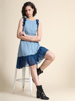 KERI PERRY Womens Pastel Blue Georgette Solid High Low Western Dress - S