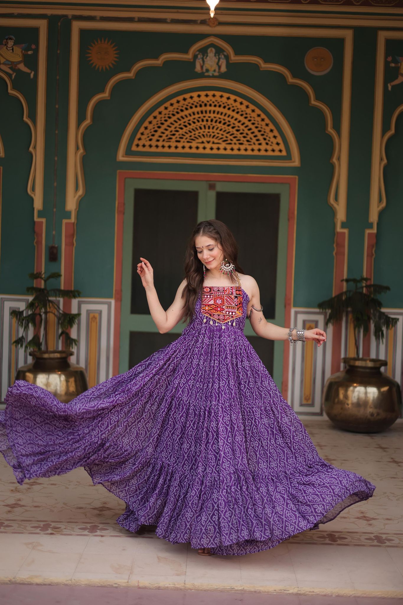DESIGNER NAVARATRI COLLECTION GOWN WITH STYLISH FABRIC KUTCHI GAMTHI WORK-Purple