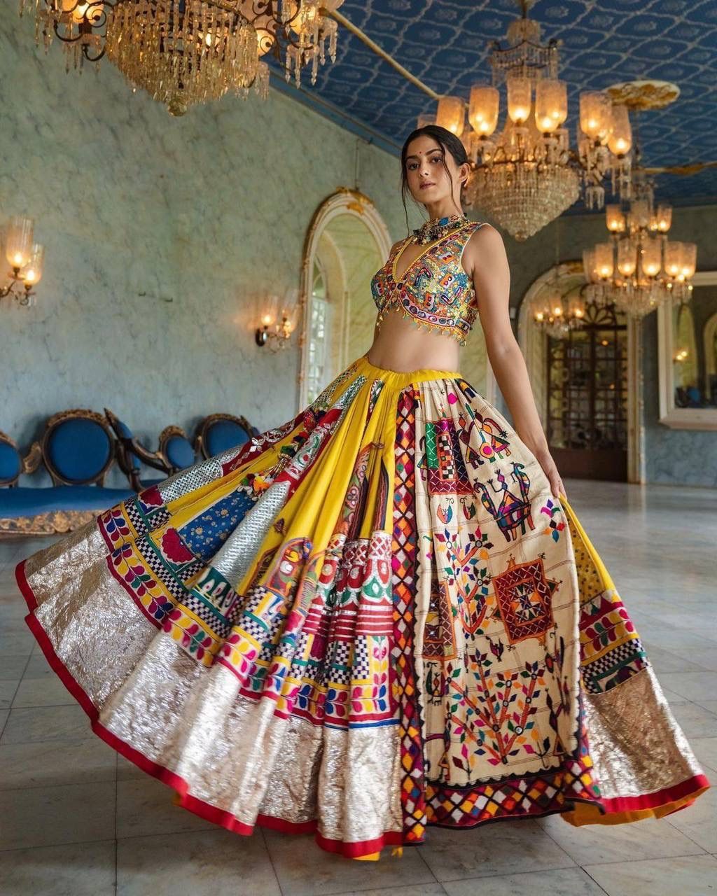 Multicolour Lehengha Choli With Dupatta And Heavy Mirror Work