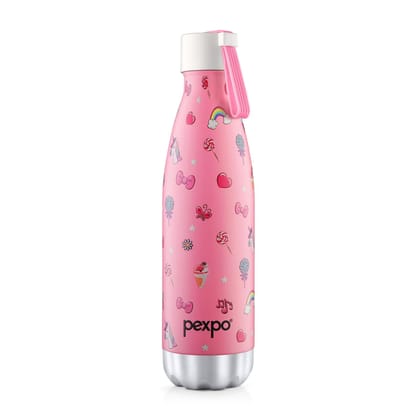 Pexpo Stainless Steel 24 Hrs Hot & Cold Vacuum Insulated Water ISI Certified Flask, 500ml, Pink with Printed Design II, Espresso | Eco-Friendly, Durable, ISI Certified