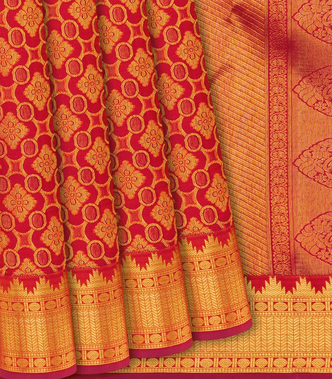 Red Handloom Kanchipuram Silk Saree With Floral Jaal Motifs-Red-Red