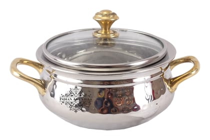 Indian Art Villa Steel Hammered Design Handi Brass Handle & Knob with Glass Lid|1000 ML