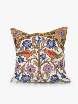 Kashmiri Handcrafted Chain Stitch Bird Embroidered Cushion Cover | Aviary Melody-Set of 3