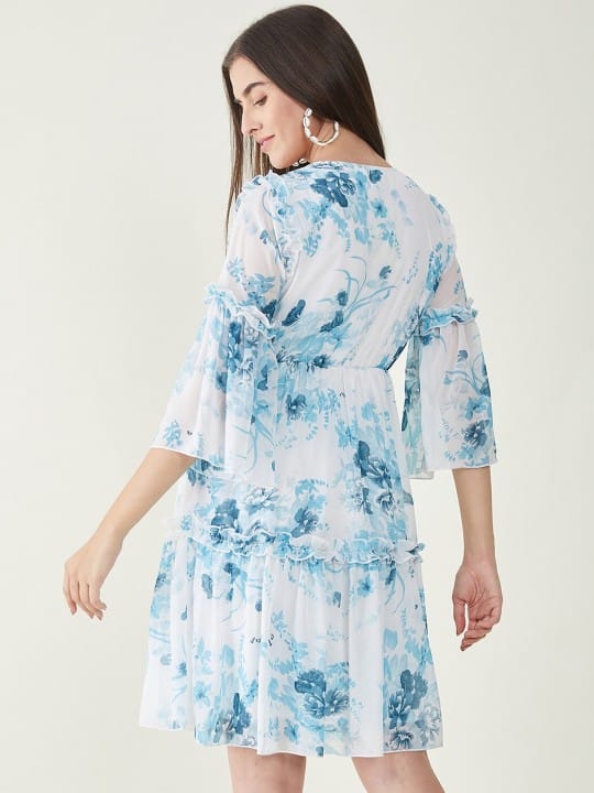 Floral Printed Bell Sleeves Ruffled Georgette Fit and Flare Tiered Dress