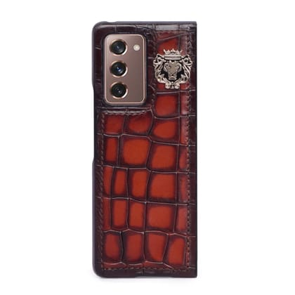 Smokey Tan Samsung Galaxy Fold Series Mobile Cover In Deep Cut Croco Textured Leather-FOLD 2