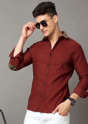Maroon Cotton Self Stripe Corduroy With Leather Constrast Shirt-S