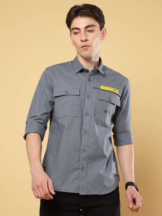 Steel Gray Solid Double Pocket Shirt-S