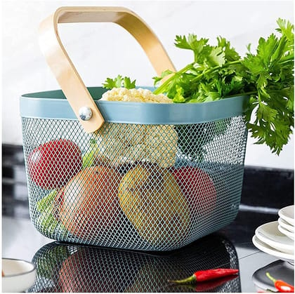 Multi-Purpose Metal Mesh Storage Organizer Fruit Basket, Hanging Shopping Basket Kitchen Basket with Bamboo Handle Ideal for Bathroom, Pantry, Cabinet and Home
