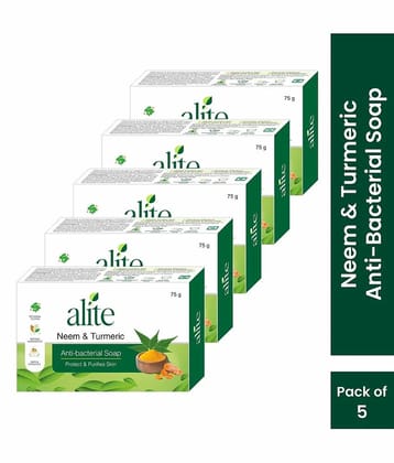 Alite Neem & Turmeric Anti-Bacterial Soap for Acne and Clear, Healthy Skin 75g ( Pack of 5 )