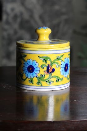 Blue Pottery Yellow Floral Round Box