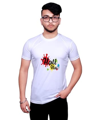 NITYANAND CREATIONS Round Neck White Holi T-Shirt for MEN-HOLI-T-SHIRT-11542-M