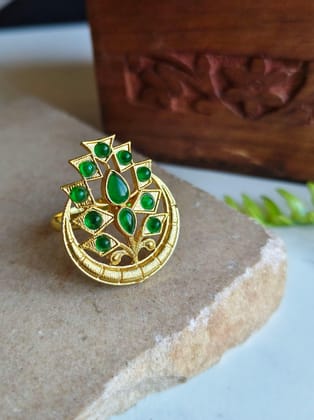 Gold-Plated Finger Ring with Moon Shape and Stones, Tree Design | Sarichka-Green