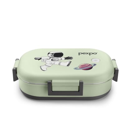 PEXPO Stainless Steel PU Insulated Tiffin Box for Kids with Anti-Skid Rubber Base & Separate Container, Green, Tango with Astronaut Design | Leak-Proof & BPA-Free