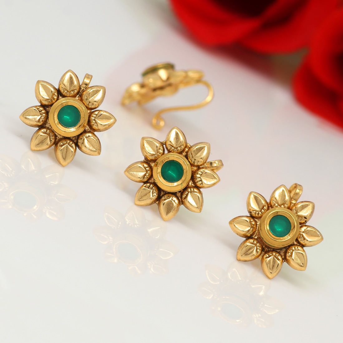 Green Color Kundan Nose Pin Combo Of 4 Pieces (NSP168CMB)-Length: 2.00 CM x Width: 2.00 CM | / Green / Alloy With Good Quality Gold Plated