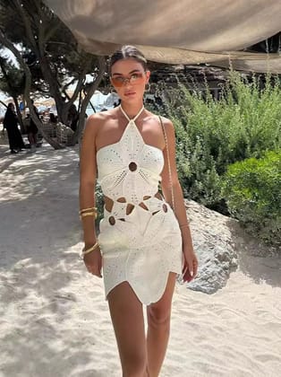 Crochet Halterneck Cutout Backless Short Dress-Off White / S
