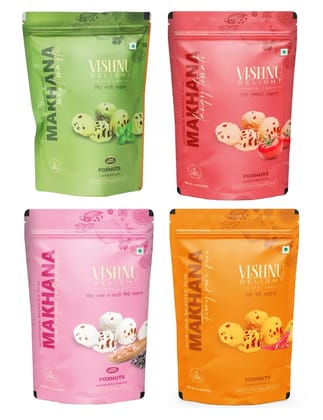 Vishnu Delight Organic Makhana Combo Pack - 4 of 60g Each flavor - Mint Masti, Fiery Peri Peri, Tangy Tomato, Himalayan Salt & Pepper - Crunchy, Deliciously, and Full of Flavorful Indian Spices Snacks