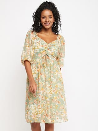 Floral Printed Puff Sleeves Cut-Out Detailed Ruched Fit & Flare Dress