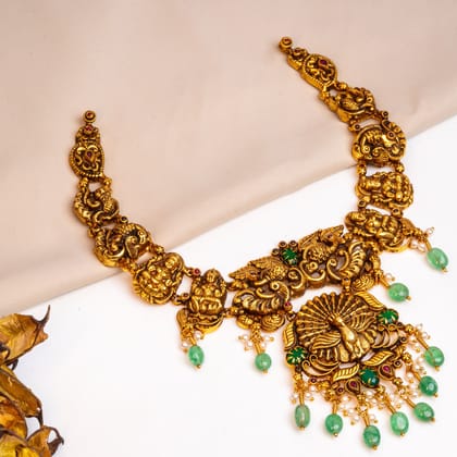 Peacock With Green Polkis Gold Plated Necklace