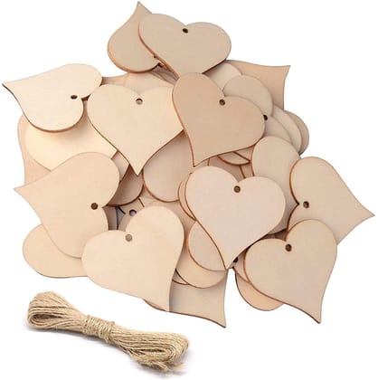 Cliths Pack of 50 pcs Unfinished Wooden 1.93 Inch Love Heart Cutouts, Wooden Love Heart Shape Blank Slices for Name Tags with Hole