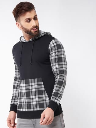 Gritstones Men Black Color Check Printed Hooded Cotton T-Shirt