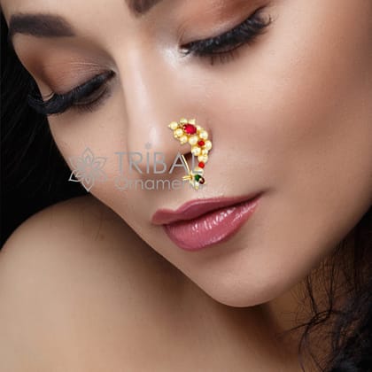 Indian Traditional cultural nose pin stud or Nath Maharasthrian nath 18 kt yellow gold and pearl handmade ethnic jewelry from india gnp52-Red CZ stone