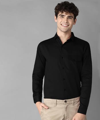 Rich Vesture Mens Black Color Poly Cotton Fabric Solid Regular fit Full Sleeve Casual And Semi Formal Wear With Apple Cutt Shirt For EveryDay (Pack of 1) (Size:- XL) - None