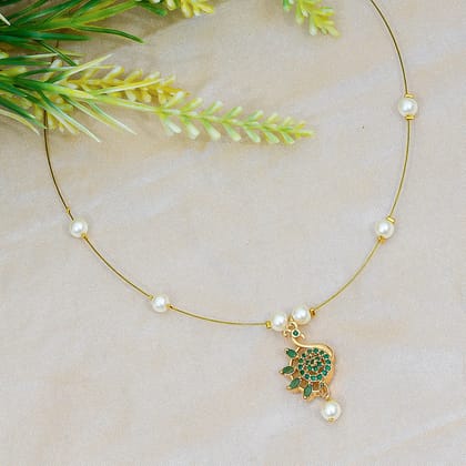 Elegant Gold-Toned Invisible Necklace with Green and Pearl Accents Featuring a Peacock Pendant Design