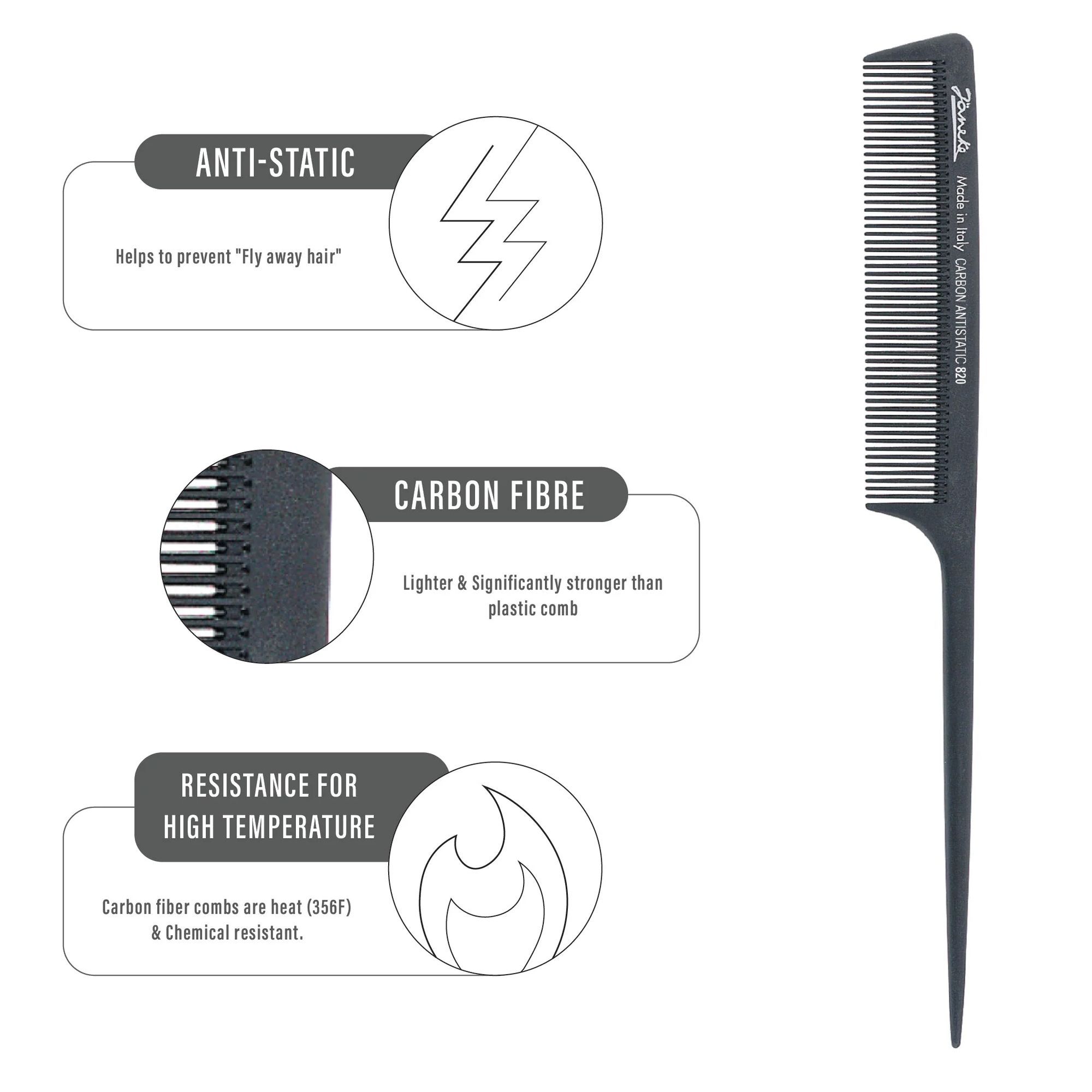 Janeke Professional Carbon Anti-Static Comb (Pack of 6)