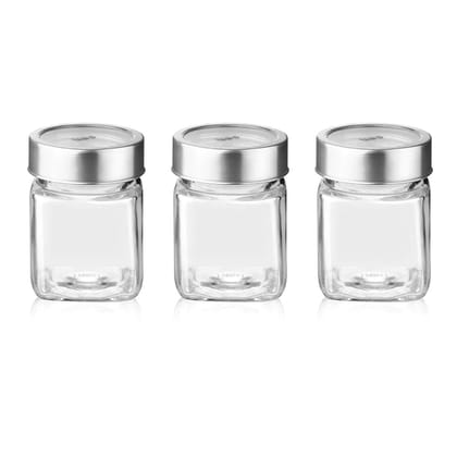 Treo Cube 180 ML Glass Storage Jar with Steel Lid | Transparent | Set of 3 and 6 Pcs
