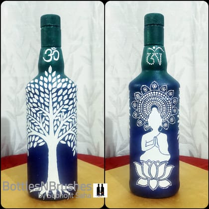 Hand painted Bottleart with Lord Buddha and Tree for Home Decor - Bottles & Brushes