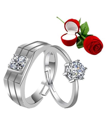 Silver Shine Silver Plated Adjustable Couple Ring with 1 Piece Red Rose Gift Box  for Men and Women - None