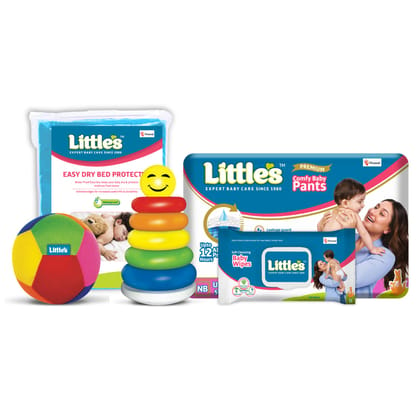 Little's New Born Gift Combo (Comfy Baby Pants | New Born Diapers Pack of 1, Little's Soft Cleansing Baby Wipes Lid Pack of 1 | Contains Aloe Vera & Jojoba Oil -80 Wipes, Soft baby Ball, Junior R