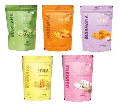 Vishnu Delight Organic Makhana Combo Pack-5 of 60g Each flavor - Peri Peri, Mint Masti, Himalayan Salt, Magic Masala, Cheese N Herbs - Crunchy, Deliciously, and Full of Flavorful Indian Spices Snacks