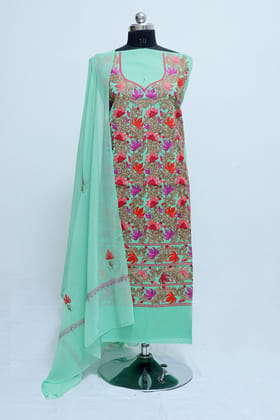 Sea Green   Colour Cotton Suit  With Aari  Embroidery Heavy Jaal  Pattern.-Cool Cotton / 5 meters / Dry Clean only