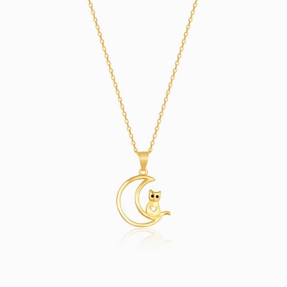 Golden Cat In Crescent Moon Pendant with Link Chain
