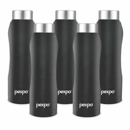 PEXPO Stainless Steel Fridge Water Bottle, 1000 ml, Pack Of 5, Knight Black, Bistro | Leak-Proof & Easy to Grip Water Bottle