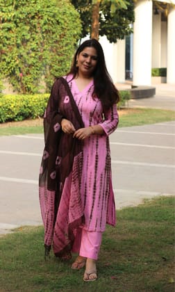 Cotton Pink & Brown Tie & Dye Suit with Chiffon Dupatta-XXS